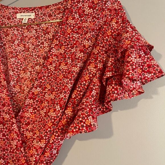 Max Studio Red Floral Ruffle Sleeve Wrap High Low Hem Dress | SZ S - Picture 11 of 17